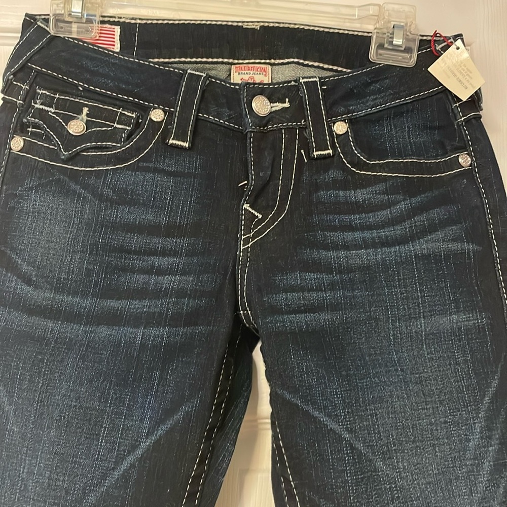 TRUE RELIGION BECKY CRYSTAL
PAVE WOMENS DARK PONY EXPRESS JEANS SIZE 27